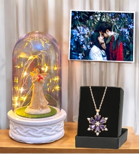 Kişiye Özel Fotoğraflı Hediye Seti  Led Işıklı Şans Melekli Fanus & Lotus Kolye