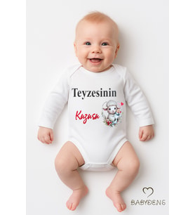 Teyzesinin Kuzusu Yazılı Bebek Zıbını %100 Pamuk Unisex Uzun Kollu Body 0-24 Ay Çıtçıtlı Bebek Body (Beyaz)
