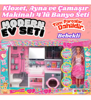 Bebekli Oyuncak Üçlü Modern Banyo Seti - Modern Banyo Seti - Banyo Oyuncak Seti - Klozet, Tuvalet, A
