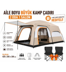 Aile Boyu Büyük Kamp Çadırı (2 Oda 1 Salon) + 2 Kamp Sandalyesi Hediyeli 420 x 305 x 200 cm