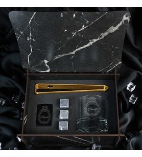 Ahşap Kutulu Vintage Tasarımlı Kişiye Özel Gold Maşalı, Çakmaklı ve Taşlı Viski Kadehi Seti