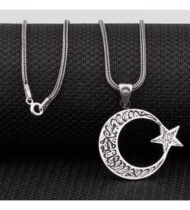 Kelimei Tevhid Yazılı Büyük Boy Ay Yıldız Tasarımlı 925 Ayar Gümüş Kolye