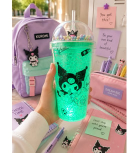 Kuromi Suluk Pipetli Buzlu Cam Görünümlü Led Işıklı 450 ML Çift Katman Mika Su Şişesi 2647 Yeşil