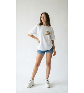 kadın Oversize Düz Renk ayıcık Dijital Baskılı Bisiklet Yaka Basic Tişört (Beyaz)