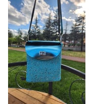 Turkuaz Hakiki Deri Detaylı Işıltılı Mini Bag