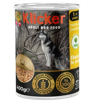 KLICKER 12 ADET JÖLELİ PARÇA ETLİ YETİŞKİN KÖPEK KONSERVE YAŞ MAMASI TAVUKLU 400 GR