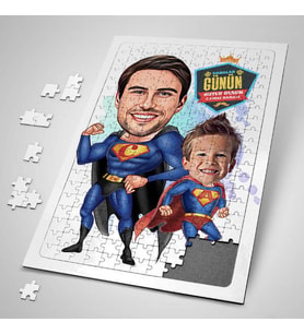 Süper Kahraman Baba ve Oğlu Karikatürlü Puzzle