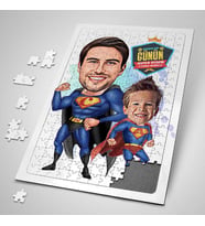 Süper Kahraman Baba ve Oğlu Karikatürlü Puzzle