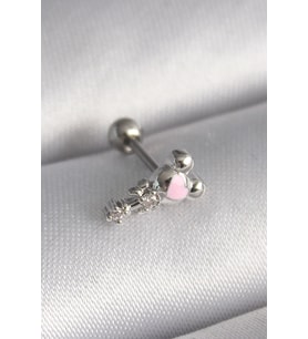316L Çelik Gümüş Renk Zirkon Taş Detay Pembe Kalp İşleme Tragus Piercing 5886