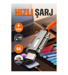 3'ü 1 Arada 120W PD Turbo Şarj Kablosu – LED Göstergeli Metal Konnektör