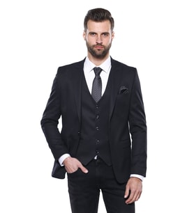 Düz Koyu Lacivert Slim Fit Ceket Yelek Set - Wessi