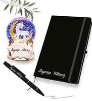 Kişiye Özel Siyah Deri Defter & Kalem & Unicorn Kar Küresi