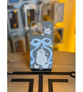 iPhone 14 Pro Max Uyumlu Özel Tasarım Sevimli Figürlü Deri Dokulu Telefon Kılıfı (Koyu Gri)