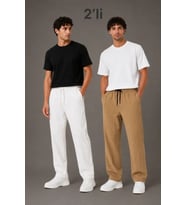 Erkek 2li Bürümcük Kumaş Beli Lastikli Bağcıklı Bol Paça Pantolon - Beyaz/Vizon
