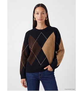 LC WAIKIKI Siyah Baklava Desenli Oversize Kadın Triko Kazak