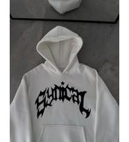 Üç İplik Kapşonlu Baskılı Oversize SweatShirt- Beyaz