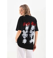 Unisex Baskılı Oversize T-Shirt - Siyah