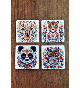 Doğal Taş Bardak Altlığı 4'lü Set 10x10x1 cm Renkli Hayvanlar -Stone Coasters