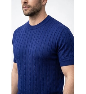 Erkek Yazlık Triko Dokuma Tişört Kısa Kol Bisiklet Yaka Örgü Desenli T-Shirt - Lacivert