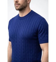 Erkek Yazlık Triko Dokuma Tişört Kısa Kol Bisiklet Yaka Örgü Desenli T-Shirt - Lacivert