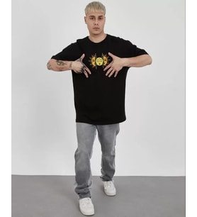 pilelistore- Unisex Bisiklet Yaka Baskılı Oversize T-Shirt - Siyah