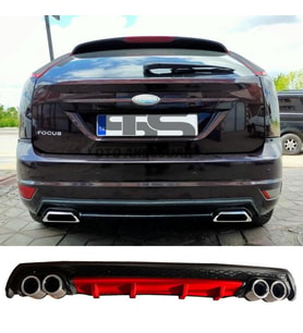 Ford Focus 2 HB Difüzör Arka Tampon Eki 4 Egzoz Çıkışlı Kırmızı Lüx Tip