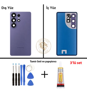 Samsung Galaxy S26 Ultra Mor Renk Lensli Arka Kapak + Tamir Seti + B7000 Yapıştırıcı Arka Cam Batarya Kapağı Pil Kapağı Lazer Kesim Back Cover Galaxy S26 Ultra Uyumlu