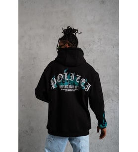 Erkek 3 İplik Pamuklu Alev Baskılı Kapüşonlu hoodie Sweatshirt - Siyah