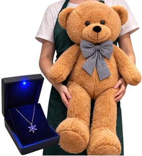 Büyük Boy 80 cm Kahve Peluş Ayıcık ve Gerçek Ametist Taşlı 925 Ayar Gümüş Lotus Kolye Hediye Seti