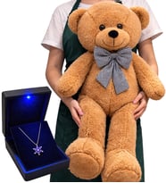 Büyük Boy 80 cm Kahve Peluş Ayıcık ve Gerçek Ametist Taşlı 925 Ayar Gümüş Lotus Kolye Hediye Seti
