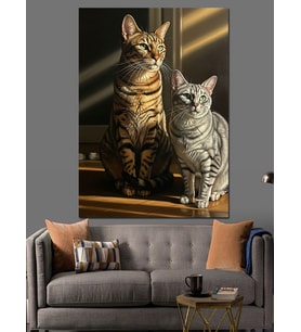 Kedi Ailesi Portresi Dekoratif Kanvas - Mdf Ahşap Tablo