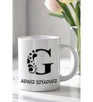 Kişiselleştirilebilir G Harfi Tasarımlı 330ml Baskılı Beyaz Seramik Kupa Bardak (Siyah Beyaz Baskili)
