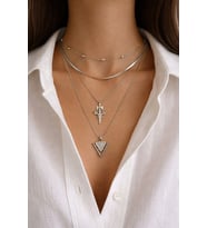 Gümüş Renk Çoklu Çelik Kolye - Kılıç ve Geometrik Üçgen Madalyonlu Set