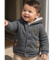 Erkek Kız Bebek Kapüşonlu Peluş Astarlı Hırka Kaban Happy Nakışlı Ekose Cep Deta