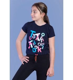 Toontoy Kız Çocuk Renkli Tiktok Baskılı Tişört (Lacivert)
