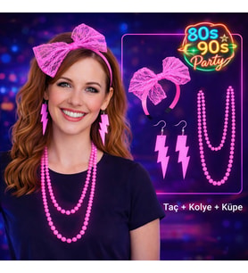 80’ler 90’lar Neon Pembe Parti Seti – Kolye Küpe Taç