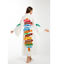 Müslin Kimono %100 Pamuklu Karayip Adaları Baskılı Bornoz Kaftan Sabahlık (Ekru)