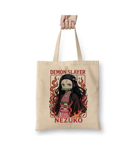 Demon Slayer İblis Keser Nezuko Bez Çanta Uzun Saplı Alışveriş Çantası Plaj Çantası (Beyaz)
