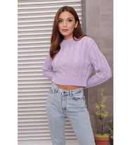 Yarım Balıkçı Yaka Saç Örgülü Kısa Crop Lila Kazak