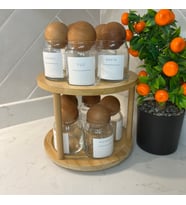 may home design 10'lu Bambu Standlı / Ahşap Top Kapaklı Cam Baharatlık Seti