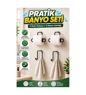 Yapışkanlı Banyo ve Mutfak Düzenleme Seti – 2 Rulo Kağıt Tutucu + 2 Havlu Askılığı, 4 Parça