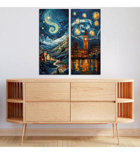 2'li Van Gogh Yıldızlı Gece Sanat Temalı Kanvas Tablo - Şehir ve Gece Duvar Dekoru - 30x70 cm