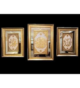 İslami Tablo 3'lü Takım Naht Sanatı El Yapımı Aynalı 87x63 K.TEVHİD,70x52 ALLAH-MUHAMMED