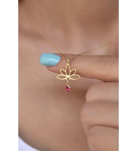 925 Ayar Gümüş Altın Kaplama Lotus Temmuz Ayı Doğum Taşı Kolye
