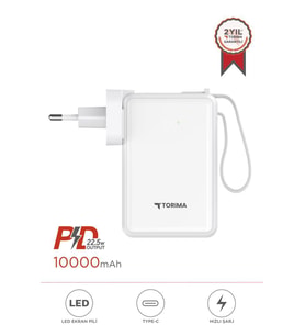 Torima TRM-1017 Beyaz 10000 mAh Type-C Taşınabilir 22,5 W Hızlı Şarj Dijital Göstergeli Powerbank