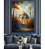 Sonbaharda Cami Ve Ağaçlar Dekoratif Kanvas - Mdf Ahşap Tablo