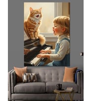 Kedi Ve Kız Piyano Başında Dekoratif Kanvas - Mdf Ahşap Tablo
