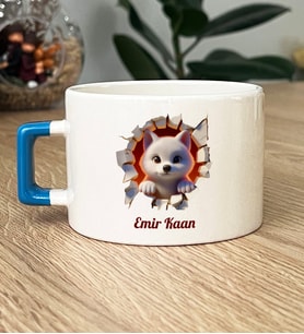 Kişiye Özel 3D Efektli Yavru Kurt Hediye Lüks Fincan İsimli İsim Yazılı (Mavi)