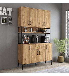 Tanmob MDL0402 Alt Üst Çok Amaçlı Dolap 8 Kapaklı Çekmeceli Raflı Mutfak Dolabı Çam