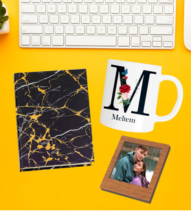Kişiye Özel Baş Harf İsim Soyisim Beyaz Kupa Fotoğraflı Çerçeve Ve Yaldızlı Desenli Defter Set